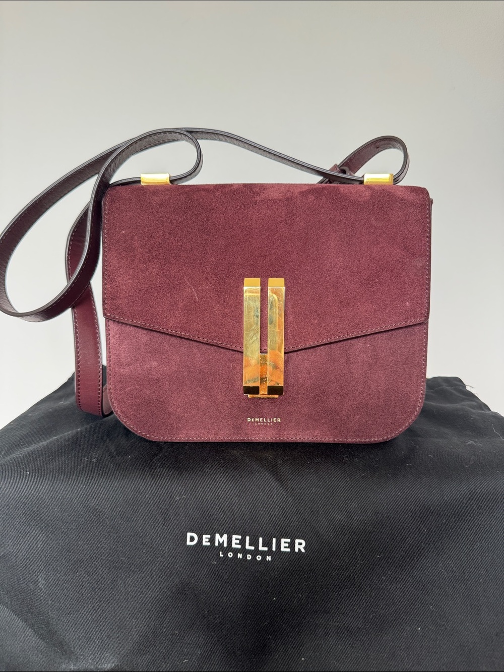 DeMellier Wine Burgundy Suede The Vancuver Crossbody with Gold Hardware